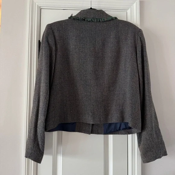 Vintage 90s Silk Cropped Blazer Jacket Fringe Collar Boxy Grandma Chic Large - Picture 5 of 7